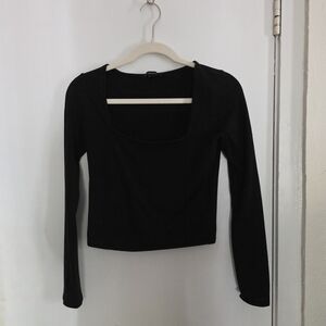 Forever 21 Black Square Plunge Neck Crop Top, Long Sleeve